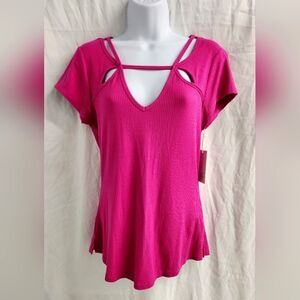 Candie's "Made To Sparkle" Cutout Neckline Ribbed Tee in Fuscia Red NWT Vintage